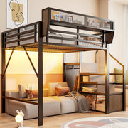 Letto a soppalco ULEVR 140x200 cm con scala di sicurezza, ripiano regolabile e striscia LED multicolore, nero
