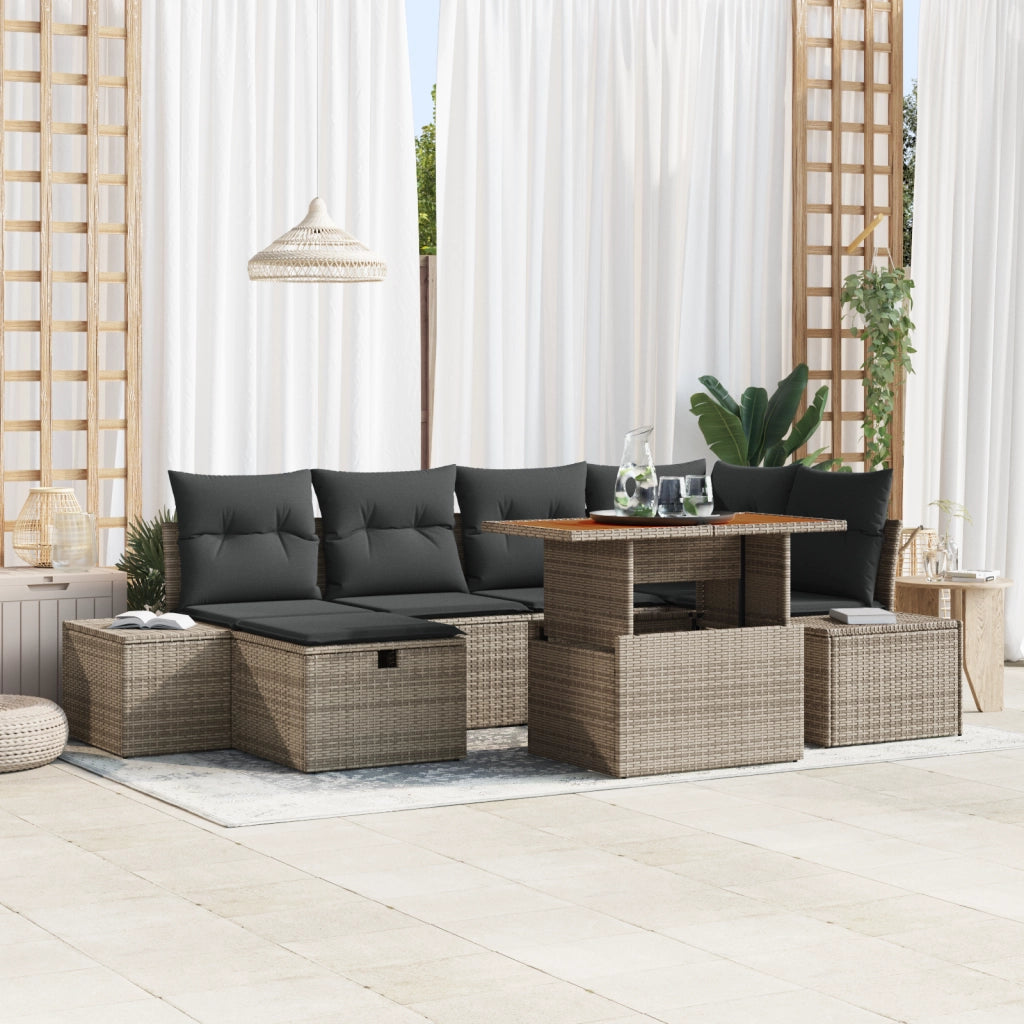 Set 7 Pezzi Pranzo Giardino con Cuscini Grigio Rattan Polimerico Acacia
