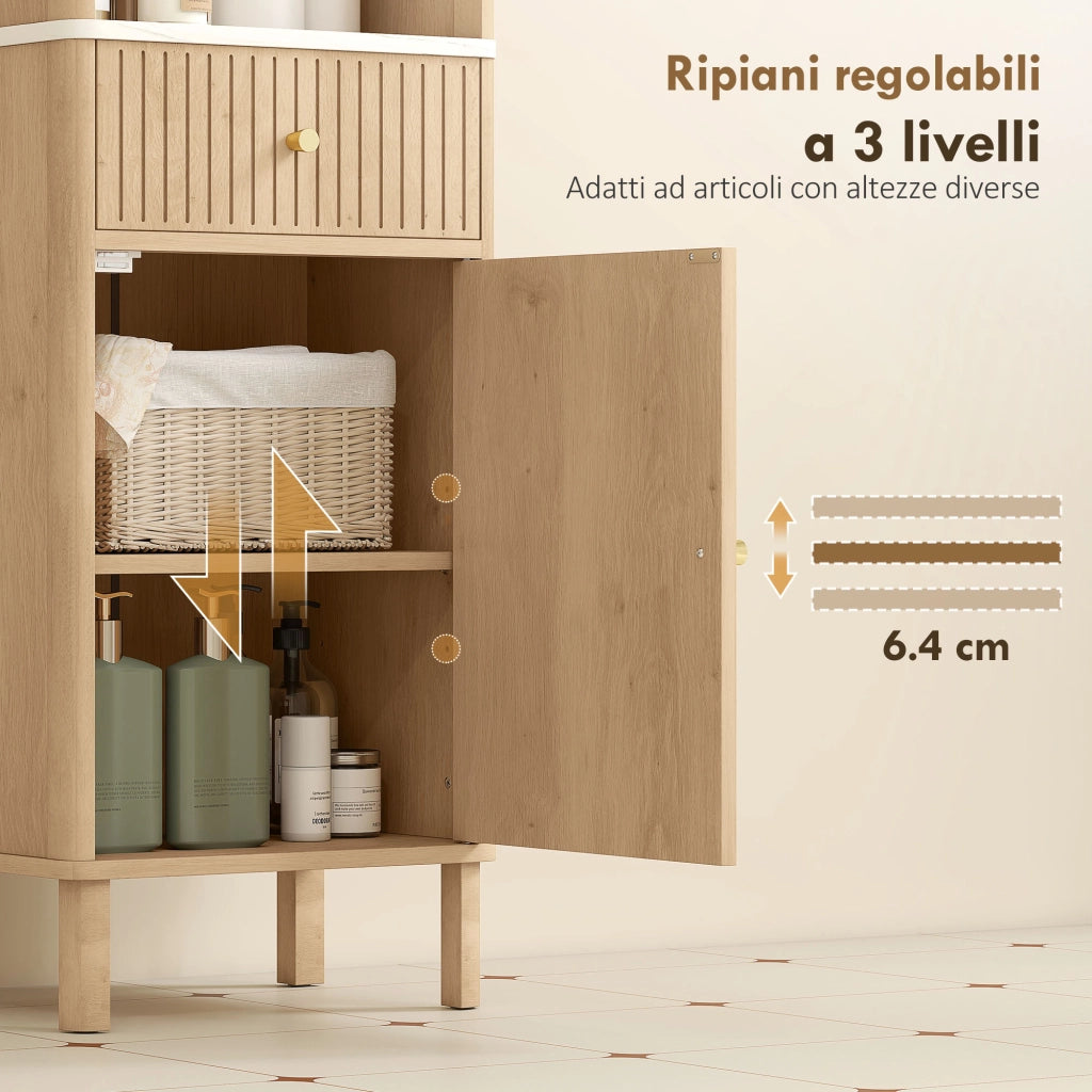 Mobile a Colonna Bagno 41,5x30x168 cm con  Ripiano Effetto Marmo e Ante Decorate in MDF Rovere
