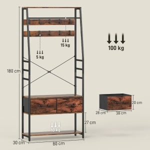 Garderoba da ingresso con panca, scarpiera, 10 ganci e 2 cassetti in tessuto, 80x30x180 cm