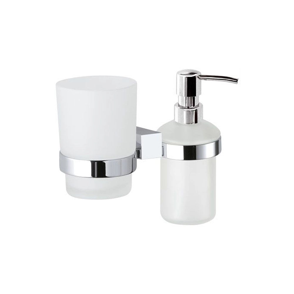 Supporto da muro doppio con portabicchiere e dispenser sapone - serie sq