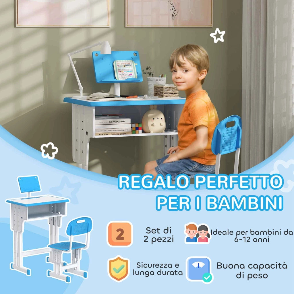 Banco Scuola per Bambini 6-12 Anni ad Altezza Regolabile con Leggio e Mensola Blu