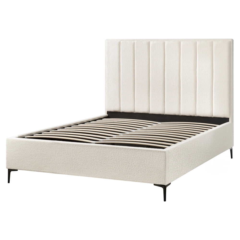 Letto Matrimoniale con Contenitore in tessuto bouclè bianco sporco 160 x 200 cm gambe in metallo Nero