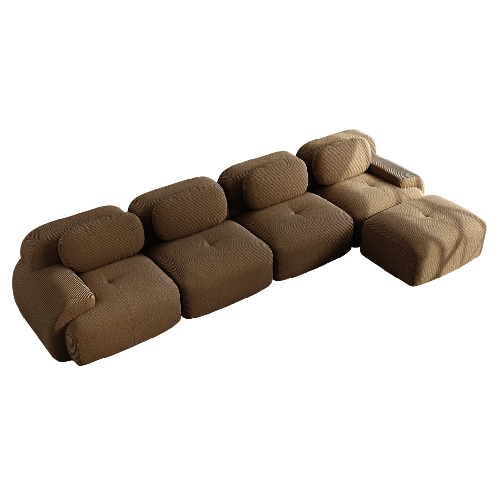 Divano angolare modulare 4 posti con chaise longue in velluto a coste marrone; senza montaggio