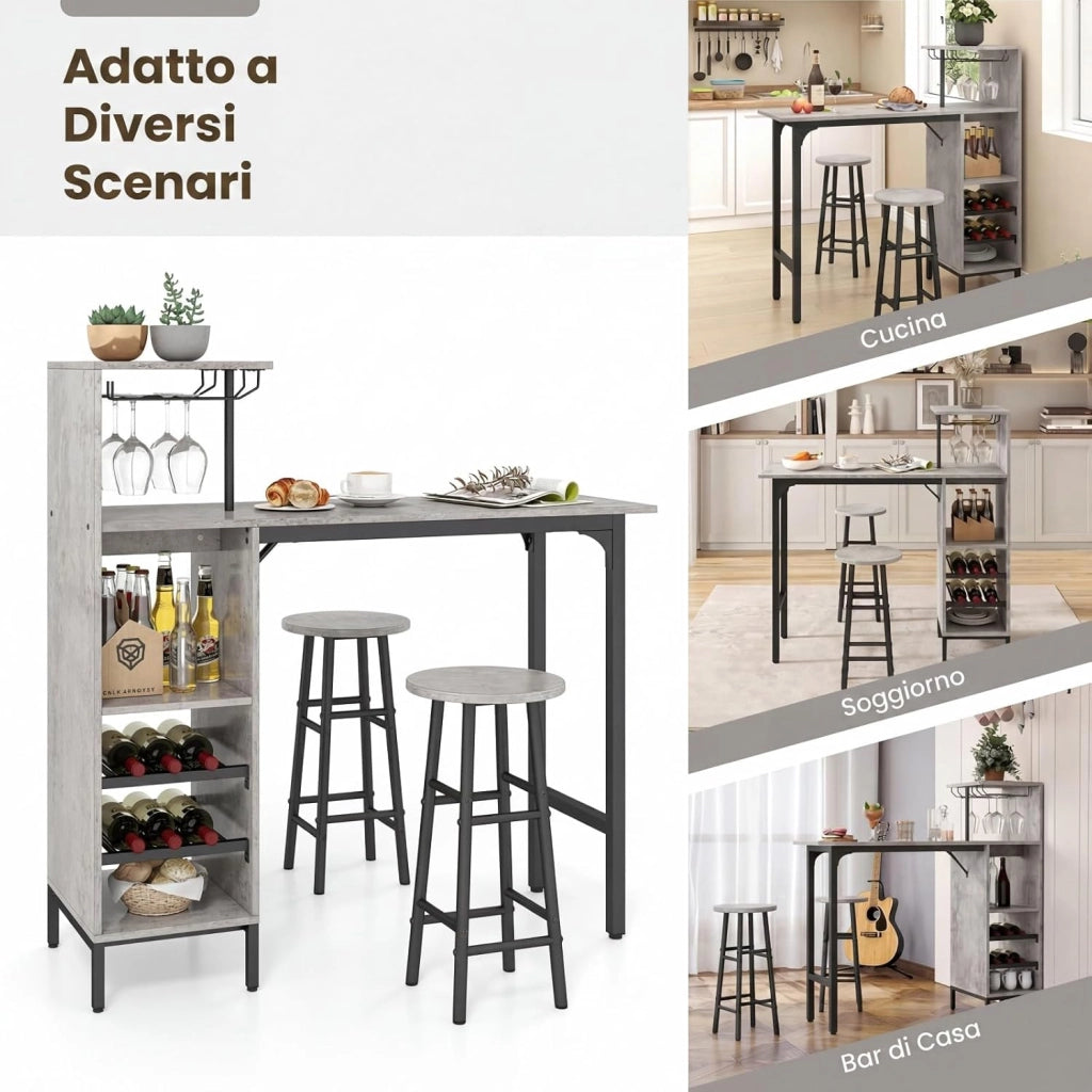 Set 3 Pezzi Tavolo e Sedie da Bar, Tavolo e Sgabelli da Pub Industriale con Porta Calici e 6 Portabottiglie da Vino, Set di Tavolo per Sala da Pranzo, Ristorante e Bar (Grigio)