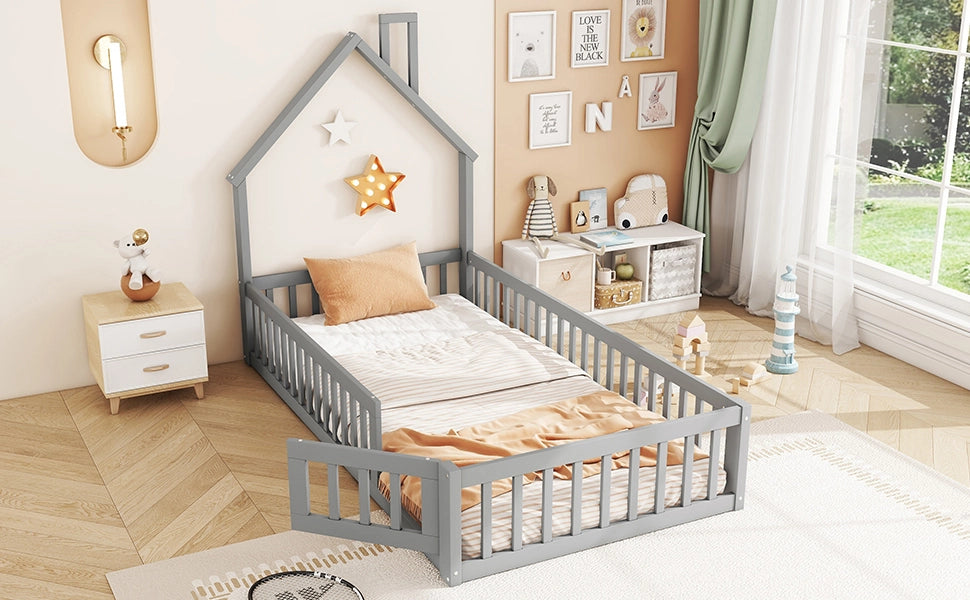 DESMIU Letto casetta letto singolo 90 × 200 cm con barriera di sicurezza e forma camino, senza materasso