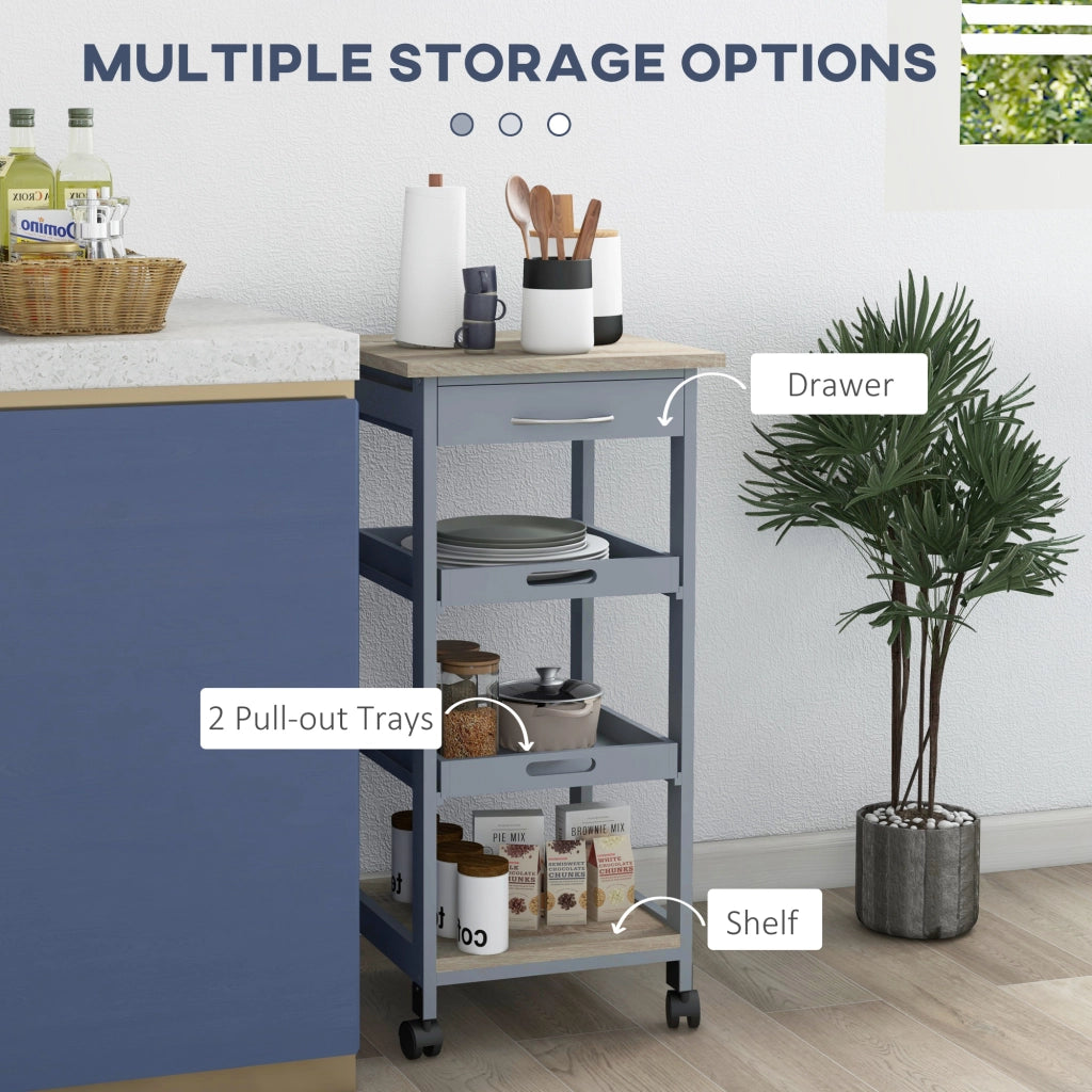 EasyComfort Carrello da Cucina con Cassetto, 2 Vassoi Estraibili e Ripiano Fisso, in Legno di Pino e MDF, 37x37x76 cm