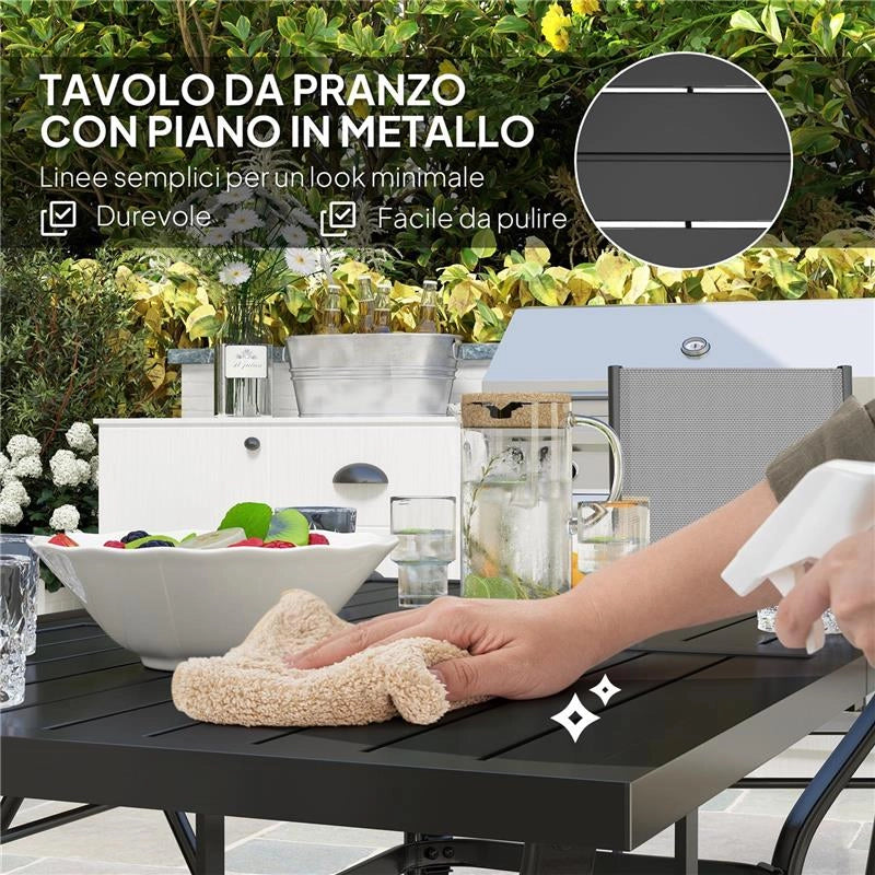 SET DA GIARDINO 7 PEZZI CON TAVOLO DA PRANZO CON FORO PER OMBRELLONE E 6 SEDIE PIEGHEVOLI GRIGIO