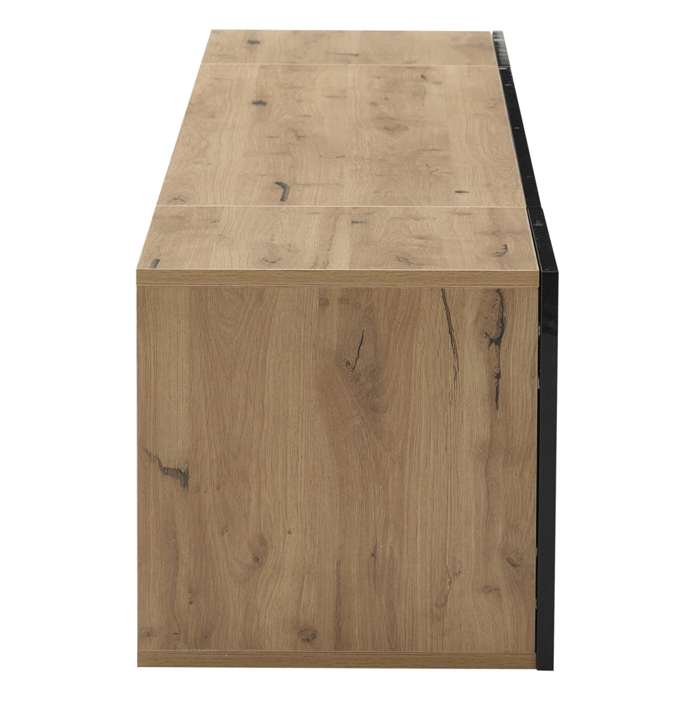 Mobile TV sospeso 180x37x36 cm con LED e 3 vani in pannello truciolare nero e naturale