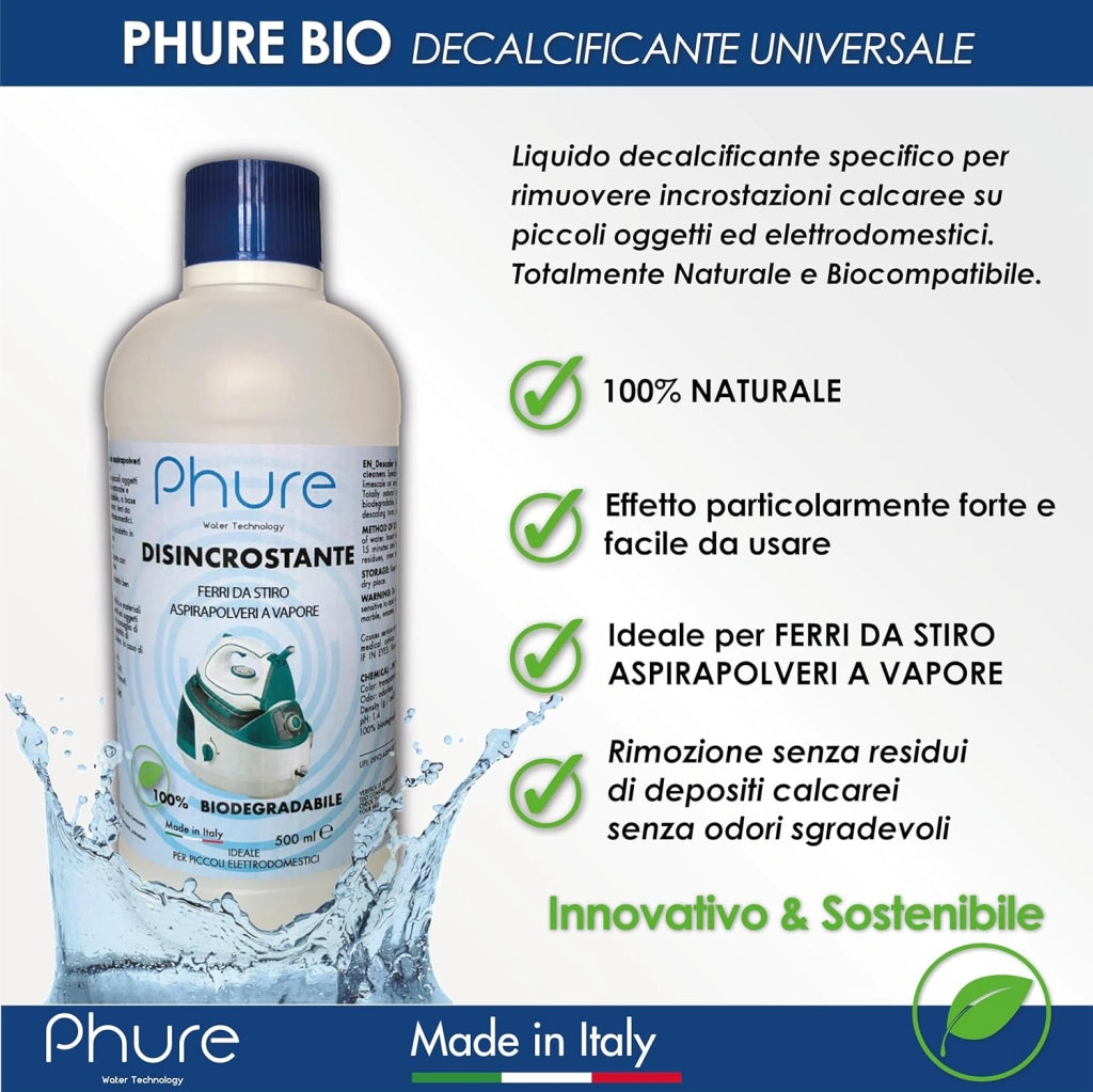 PHURE BIO DECALK Decalcificante Disincrostante Concentrato Universale ferri da stiro e aspirapolveri vapore, per piccoli elettrodomestici Compatibile con tutte le marche Biodegradabile 500ml