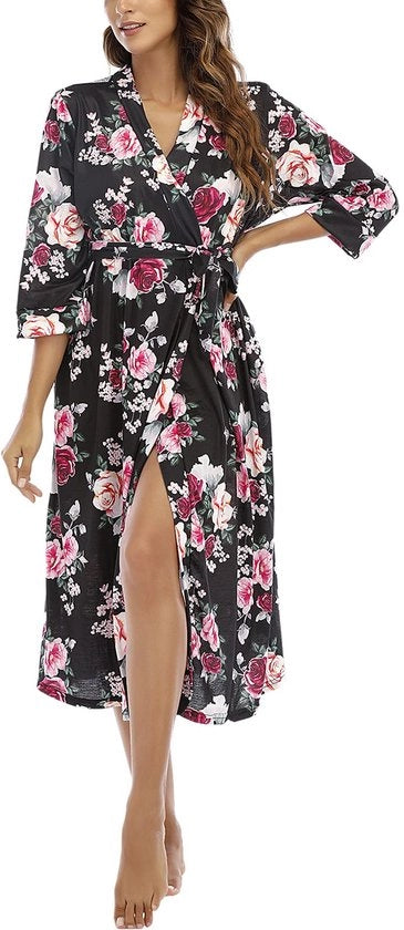 Kimono da notte per donna, 3/4 manica, V-collo, lunga, per abbigliamento da sera, PAT2 S