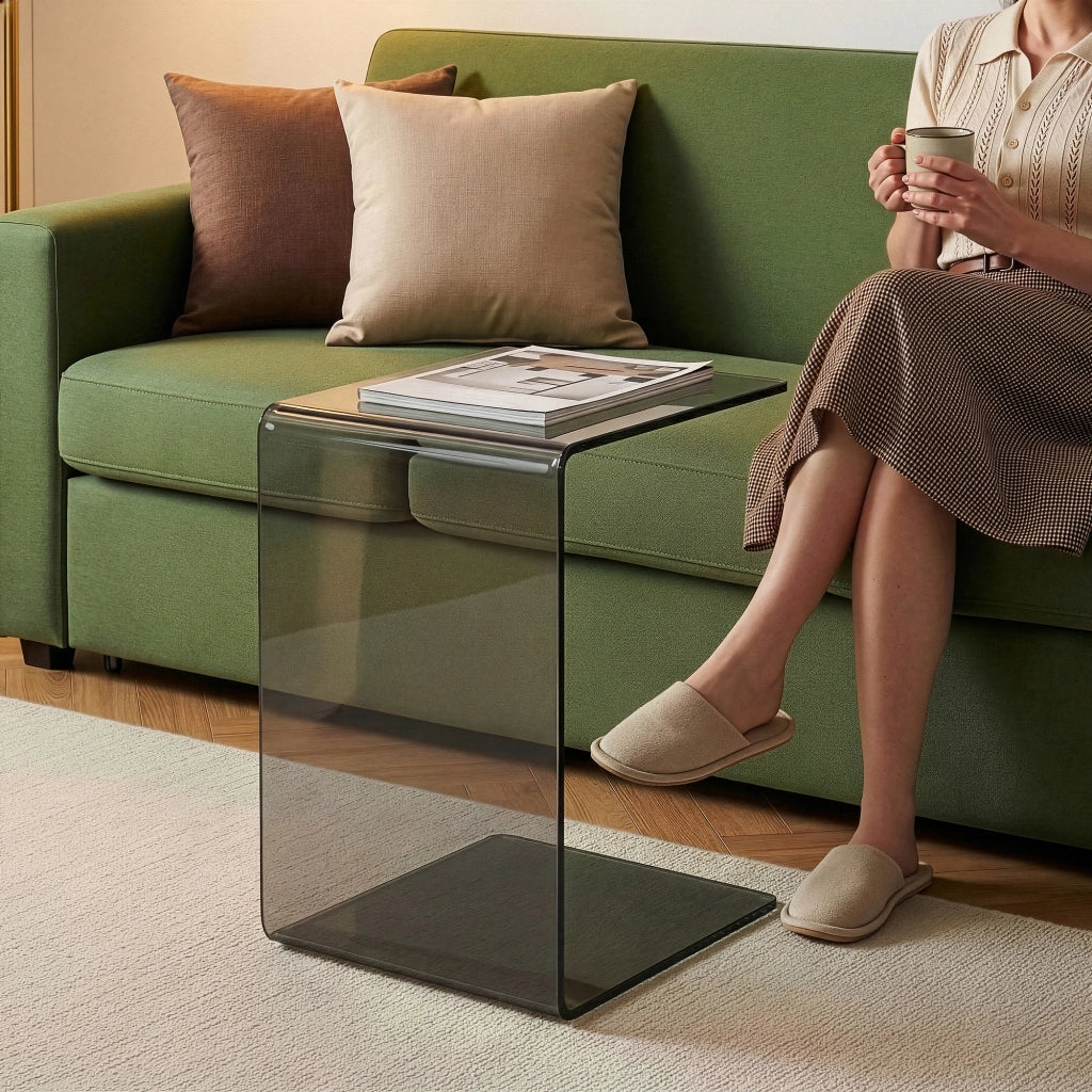 Tavolino Laterale Trölmapilu a Forma di C in Vetro 60 x 40 x 40 cm - Grigio Scuro [en.casa]