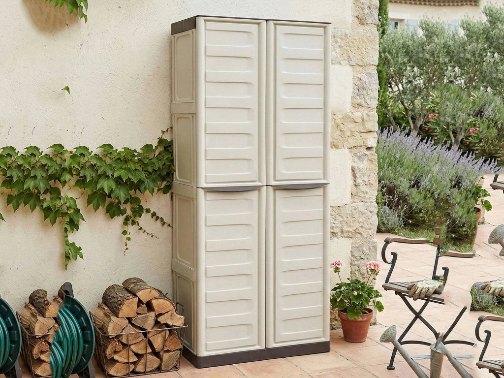 Armadio multiuso da esterno o Adenina, Mobile a 2 ante e 3 ripiani in polipropilene, 100% Made in Italy,cm 70x39h165, colore Beige