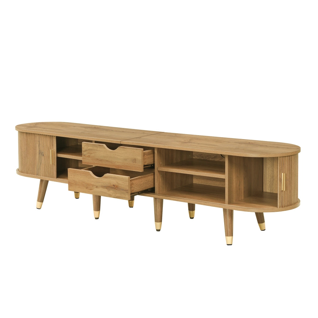 OKWISH Mobile TV con Ante Scorrevoli, 2 Cassetti e Vani Aperti, Passacavi, Stile Naturale, 175×38×45 cm