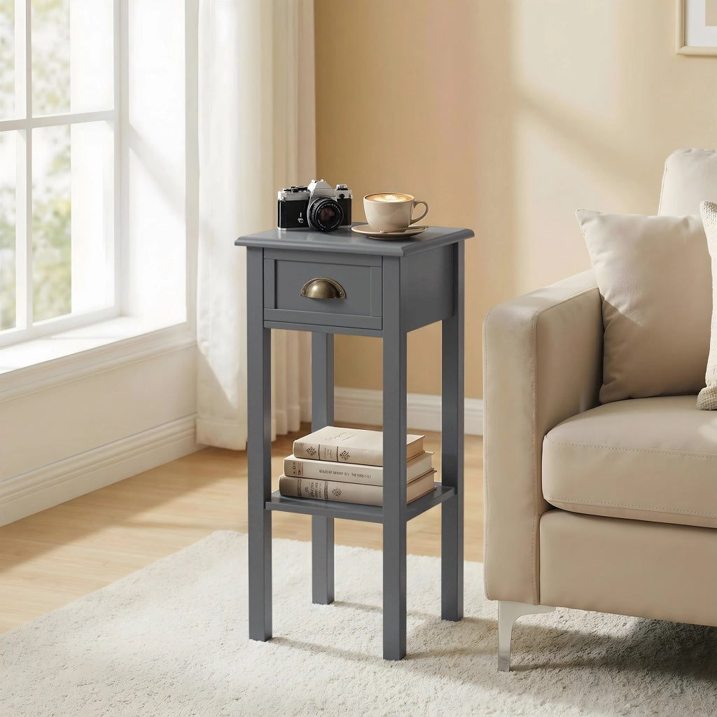 Tavolino Moderno con Cassetto e Ripiano ¨C Zephmum ¨C Grigio 30x30x75 cm