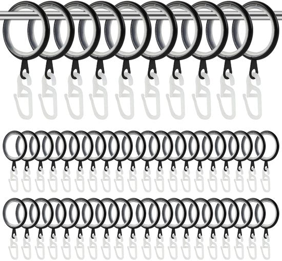Gordini per tende, Corda con gancio, 50 pezzi di corda per tenda con gancio e anello silenzioso, Diametro interno 27 mm, Corda per tende per la maggior parte delle tende a rullo (Nero)