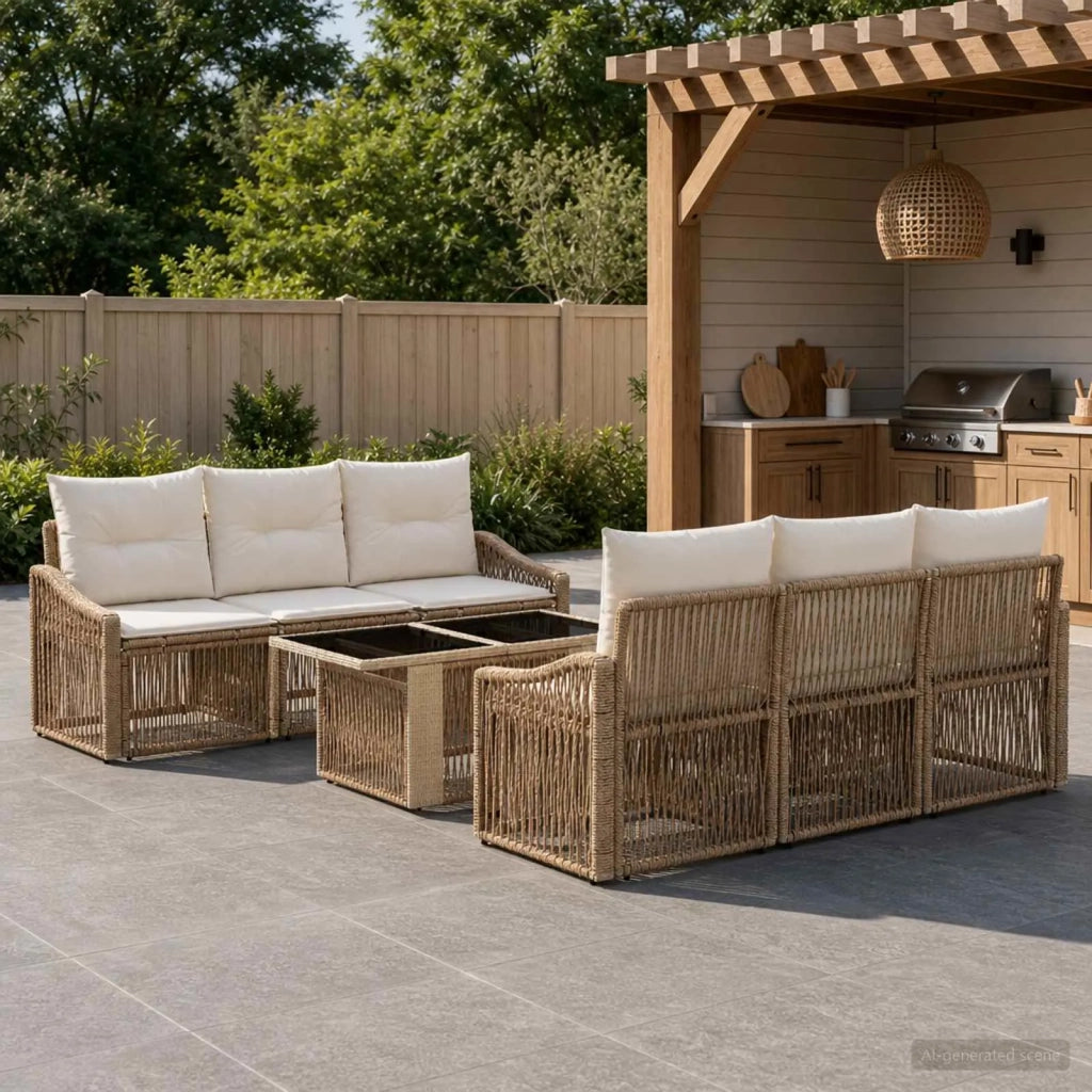 Set Divano da Giardino 7 pz Beige e Bianco Crema polyrattan 3437208