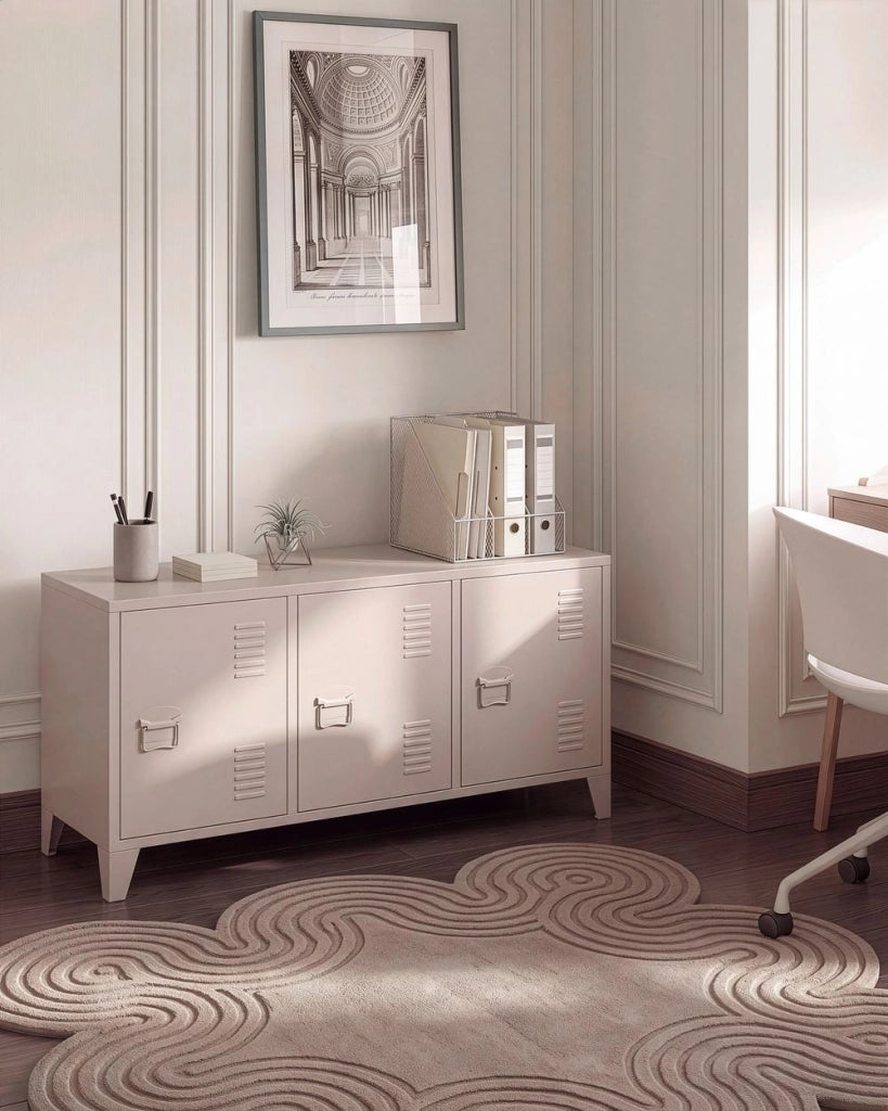 Credenza in acciaio, 3 ante, ripiani regolabili, beige stile industriale home office
