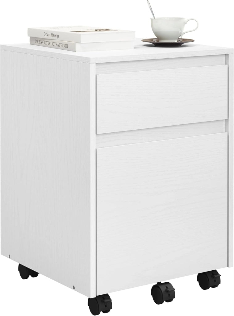 Cassettiera da Ufficio, Cassettiera Portadocumenti a 3 Cassetti, Mobiletto Portaoggetti con Ruote per Studio, Camera da Letto,in Legno, Rovere Chiaro e Nero, 40x40x70cm, ASK01hei