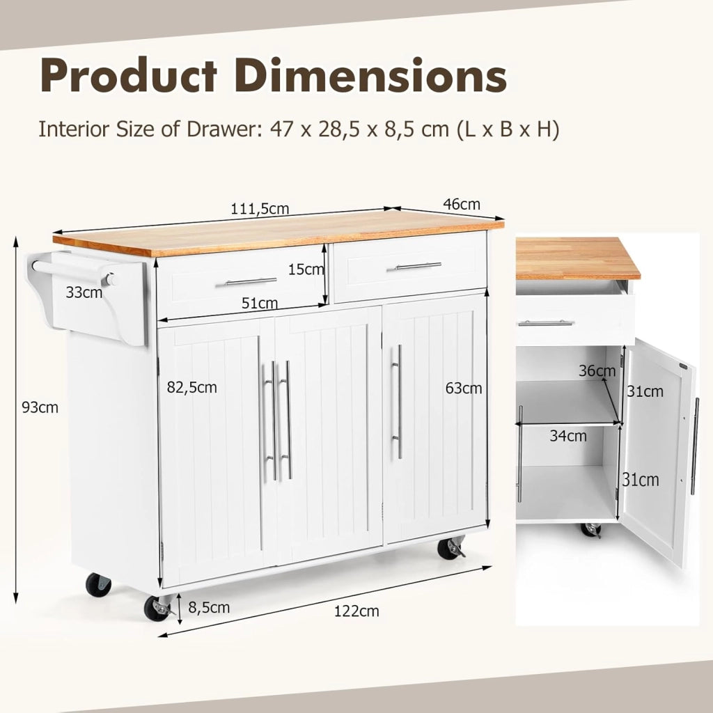 Carrello da Cucina in Legno, Credenza con Ruote, Armadietto Autoportante, Piano in Legno di Gomma, 2 Portaoggetti, 2 Cassetti, 3 Ante, 4 Ruote, per Sistemazione, Bianco, 122x46x92,3 cm