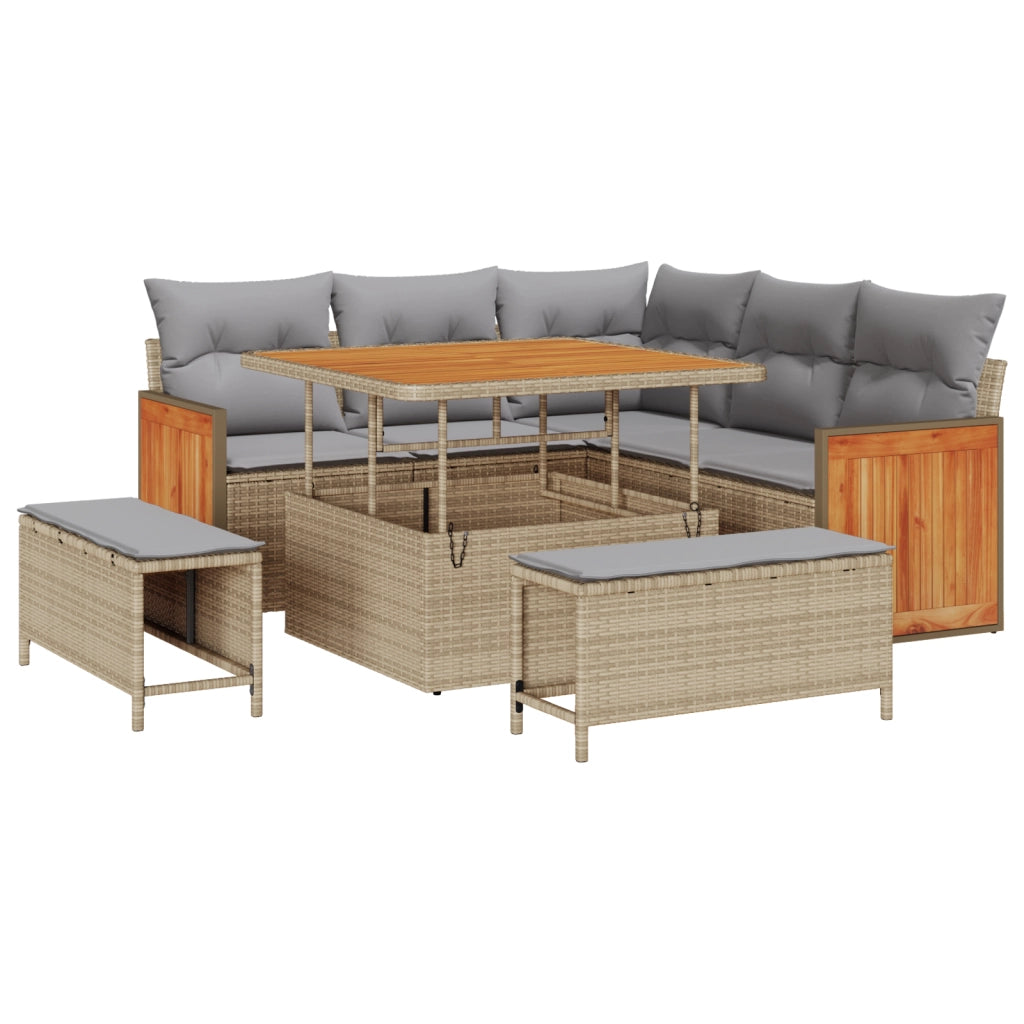 Set divano giardino  - 8 pezzi con cuscini beige in polyrattan acacia