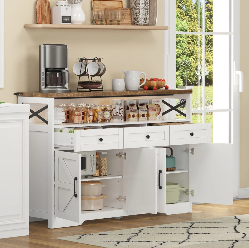 Buffet 140 cm con 3 cassetti; 2 ante e vano aperto; MDF; marrone e bianco