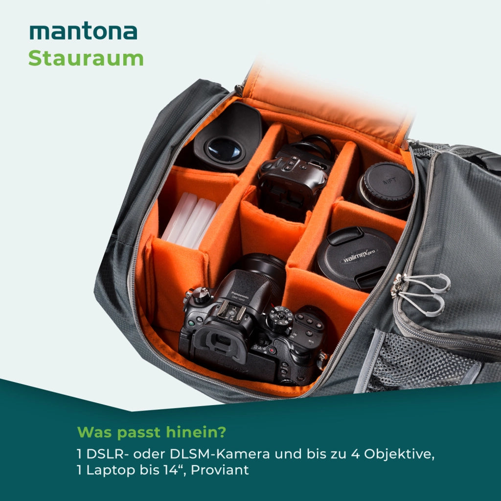 Mantona elementsPro 40 Zaino per fotocamera - Zaino professionale per fotocamera da esterno, ampio spazio per fotocamera e accessori, laptop fino a 14 pollici, inclusa copertura antipioggia