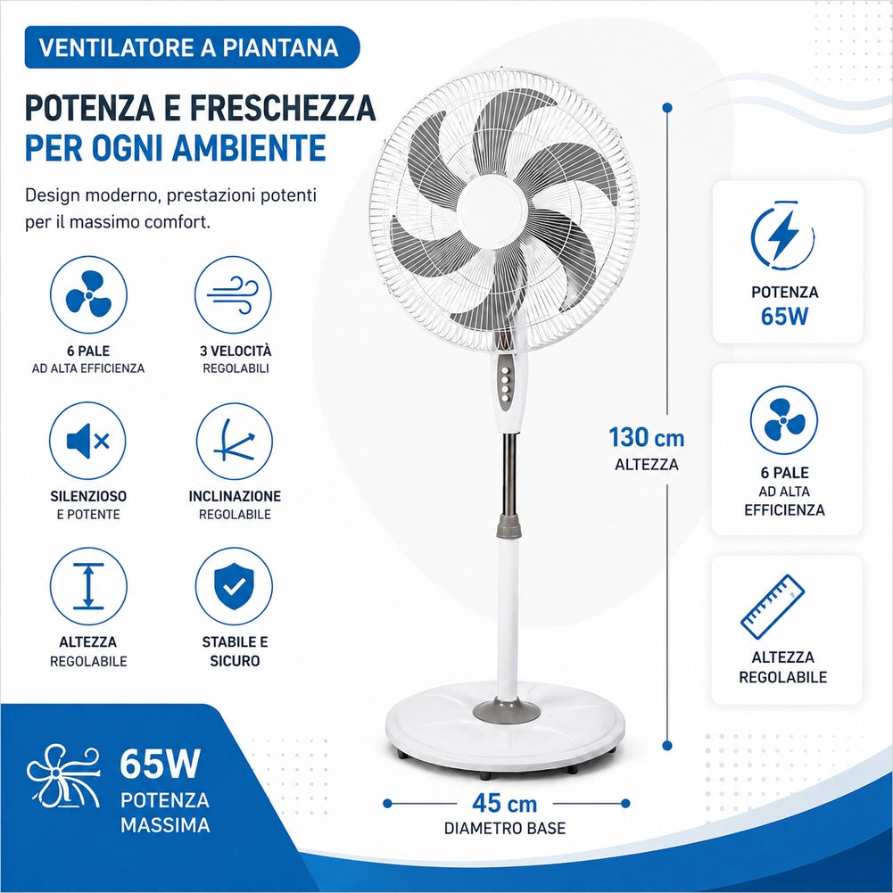 Ventilatore a Pianta Base Tonda Anti Ribaltamento Altezza 130 cm 65W e 6 Pale