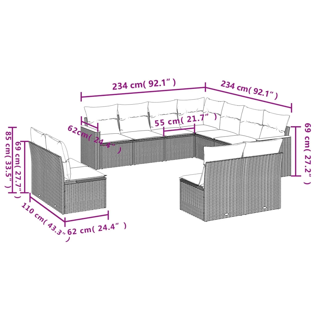 Set Divani da Giardino 11 pz con Cuscini Beige in Polyrattan 3226086