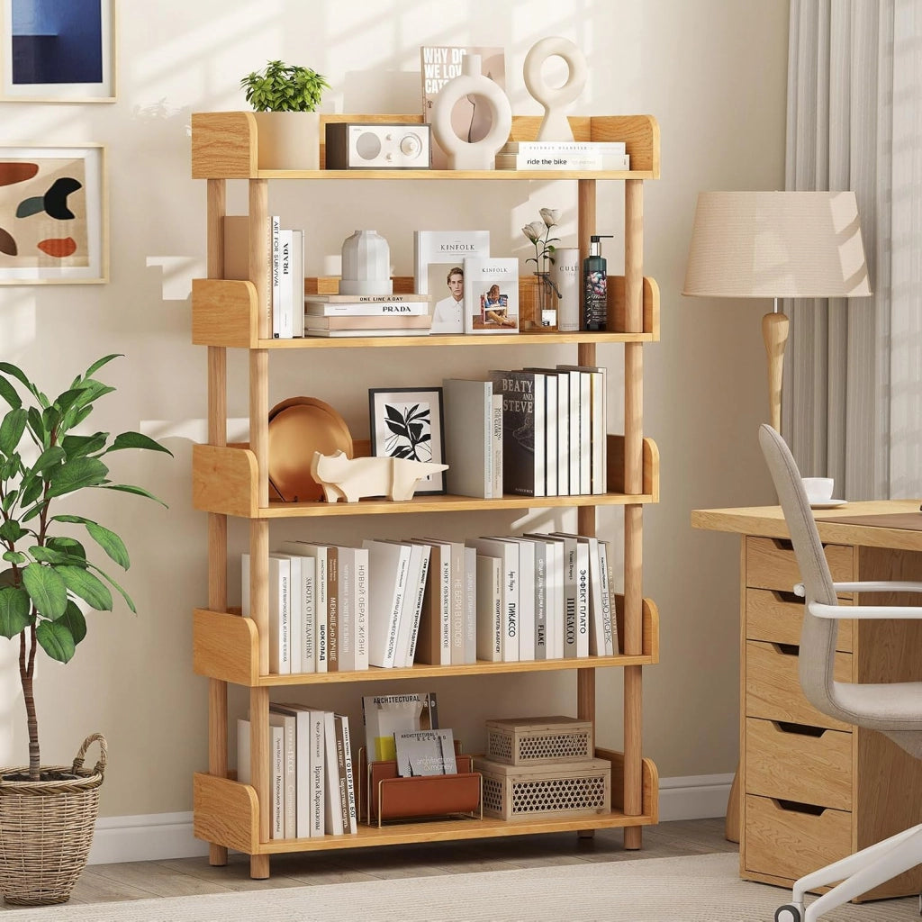 Libreria Verticale a 5 Livelli, Scaffale per Libri Aperto con Gambe in Legno di Pino,Protezione dei Bordi e Kit Antiribaltamento, Libreria Scaffale da Terra per Soggiorno e Camera da Letto