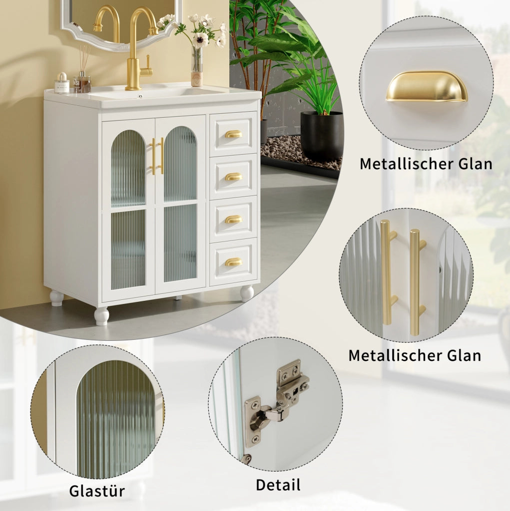 Mobile bagno con lavabo 80 cm in MDF bianco con lavabo in porcellana e 3 cassetti