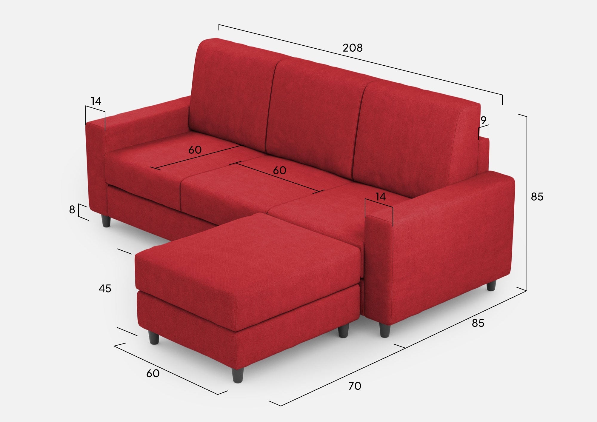 Divano 3 Posti con Pouf 208x155x85 cm Sakar in Tessuto Rosso