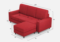 Divano 3 Posti con Pouf 208x155x85 cm Sakar in Tessuto Rosso