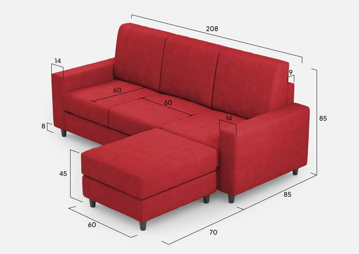 Divano 3 Posti con Pouf 208x155x85 cm Sakar in Tessuto Rosso