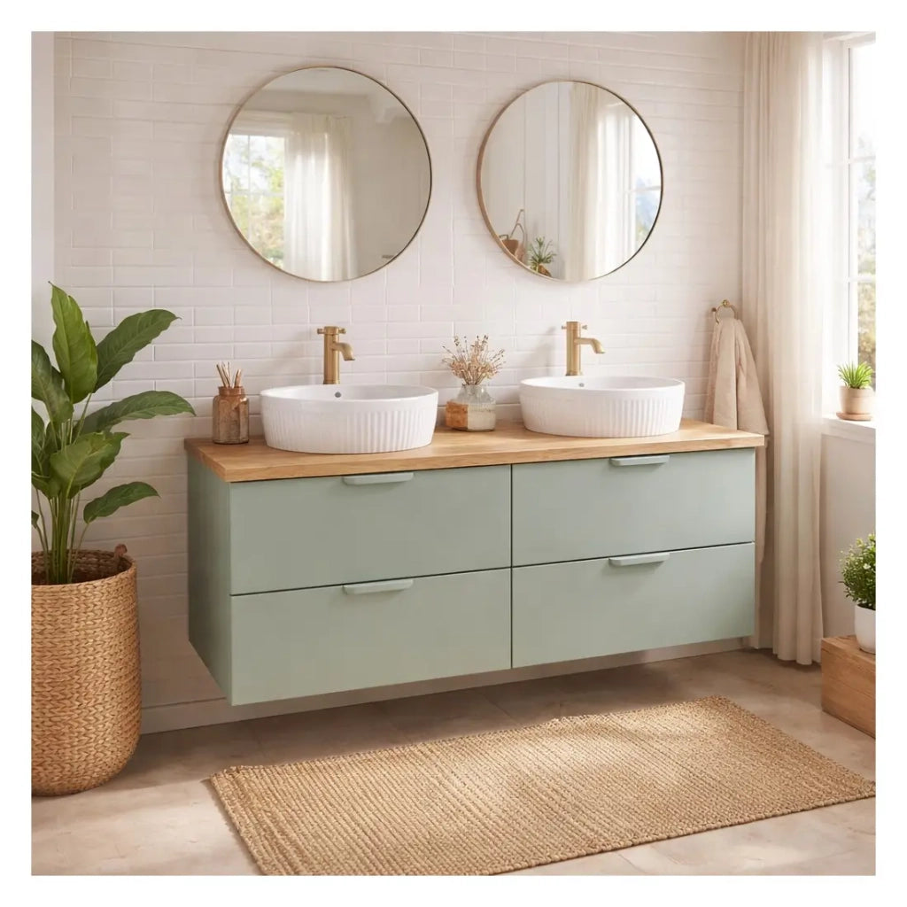 Set da bagno sospeso OSTER 60cm: mobile basso con cassetti verde salvia + lavabo incassato bianco