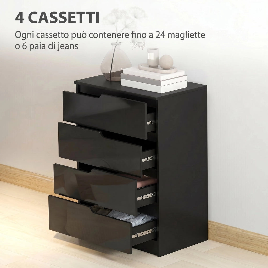 Cassettiera 60x40x85 cm 4 Cassetti Moderna e Minimal in Legno Nero Lucido