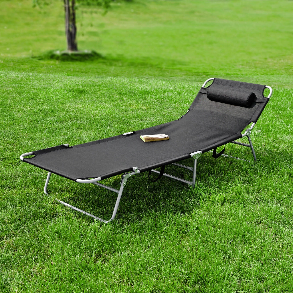 SoBuy Sdraio da Giardino Reclinabile Lettino Prendisole con Cuscino e Tasca Laterale Sedia Sdraio da Esterno per Patio Campeggio Spiaggia Sdraio Pieghevole da Giardino Nero 155x56x81cm OGS35-SCH