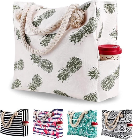 Borsa da spiaggia grande in canapa per uomo e donna - borsa da spesa con chiusura magnetica, zaino da spalla per nuoto e sport con maniglie in corda di cotone - Ananas - 52,3*45,7*15cm