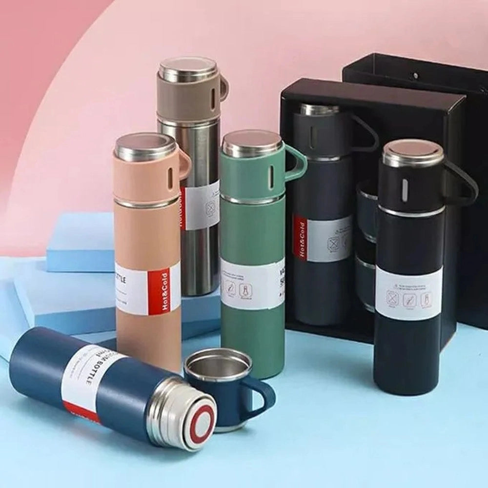 Trade Shop - Set Thermos In Acciaio Infrangibile A Doppia Parete Da 500 Ml Con 2 Tazze Termiche Regalo -