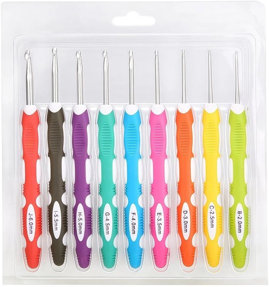 Set di ago per cucire 9 pezzi - Ago ergonomico - Manico lungo e morbido - Dimensioni B-J 2,0 mm-6,0 mm - Ideale per mani artritiche - Materiale siliconizzato/ABS - Ago a filo