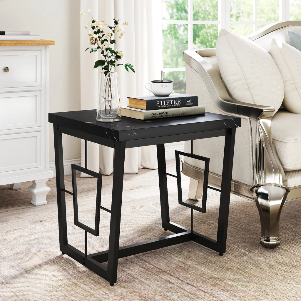 Tavolino quadrato marmo sintetico piano metallo struttura solida-Tavolino caffè comodino base H moderno camera letto soggiorno