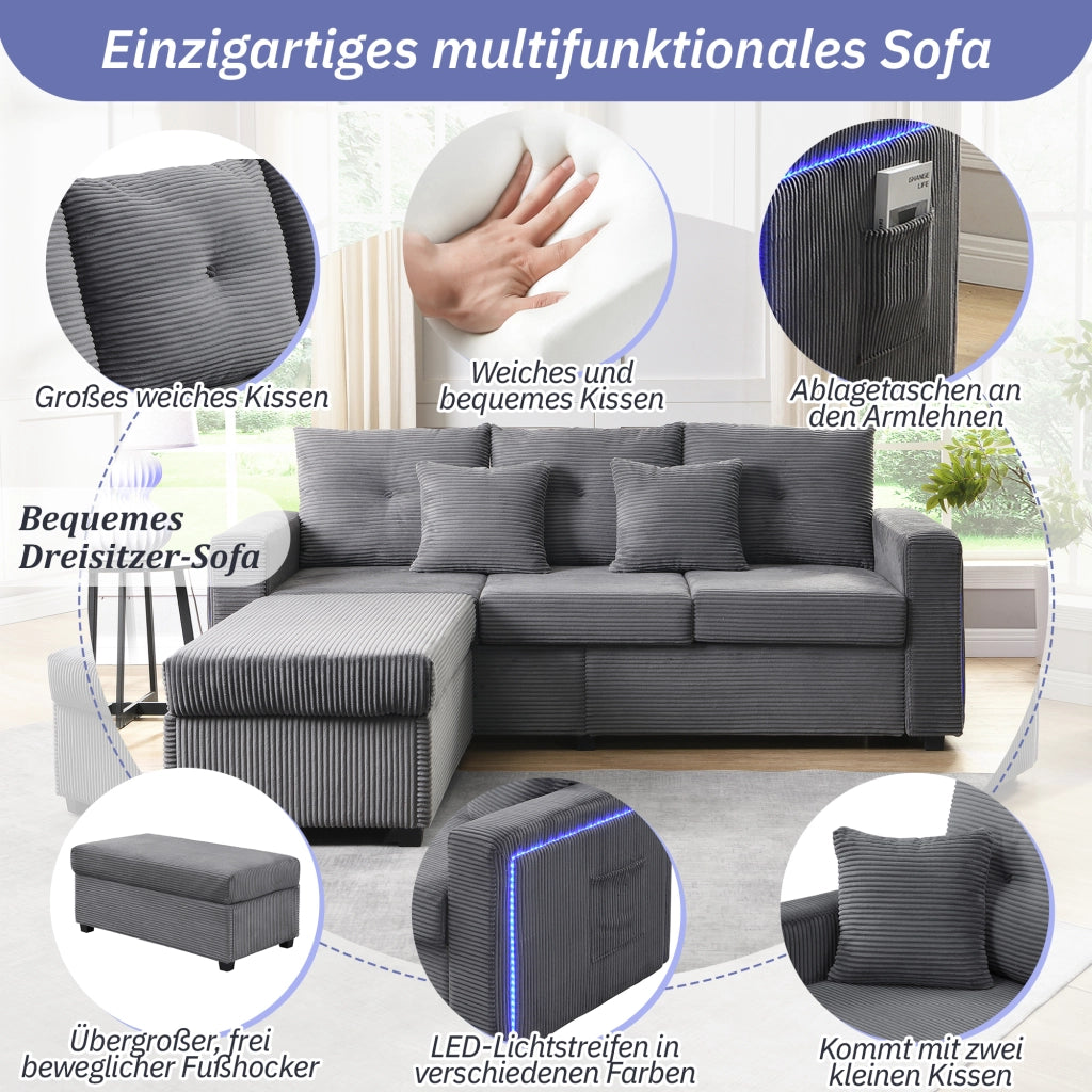 Divano ad angolo modulare con illuminazione LED e pouf versatile, con 2 cuscini, in tessuto corduroy grigio antico