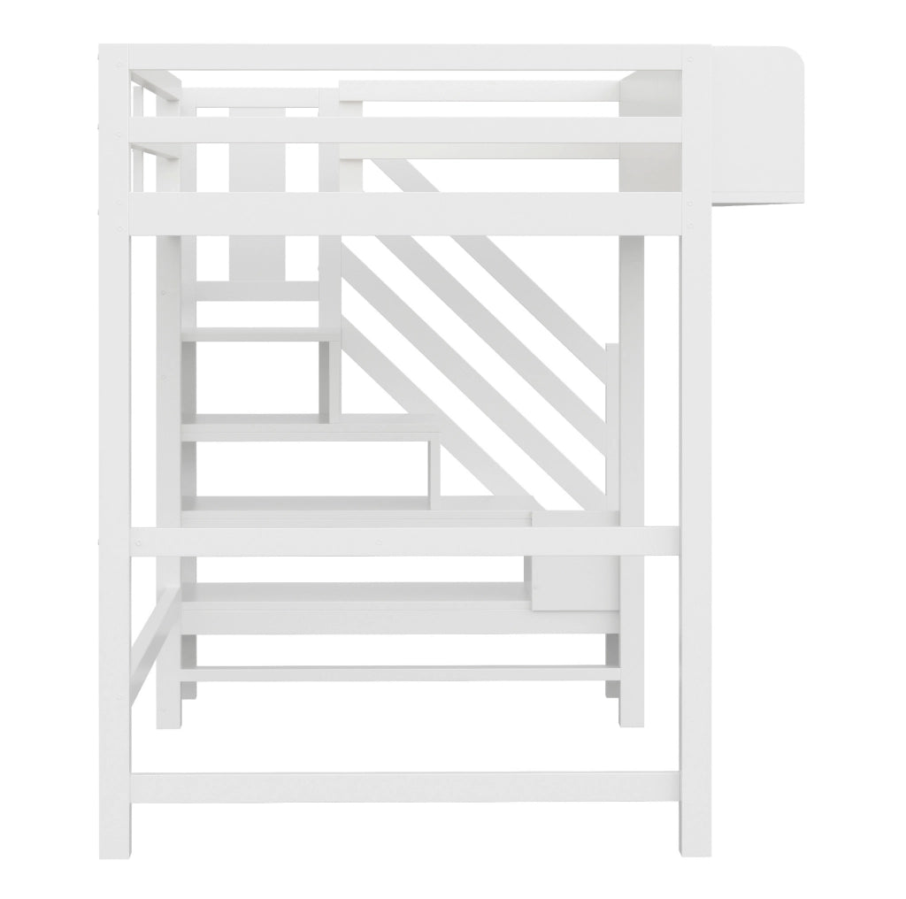 Letto a soppalco 90x200 cm con LED, scaffali laterali e scala contenitiva