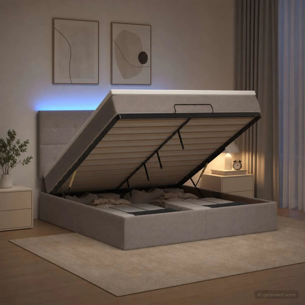 Letto Ottomano con Materasso e LED Tortora 140 x 190 cm Tessuto 3458073