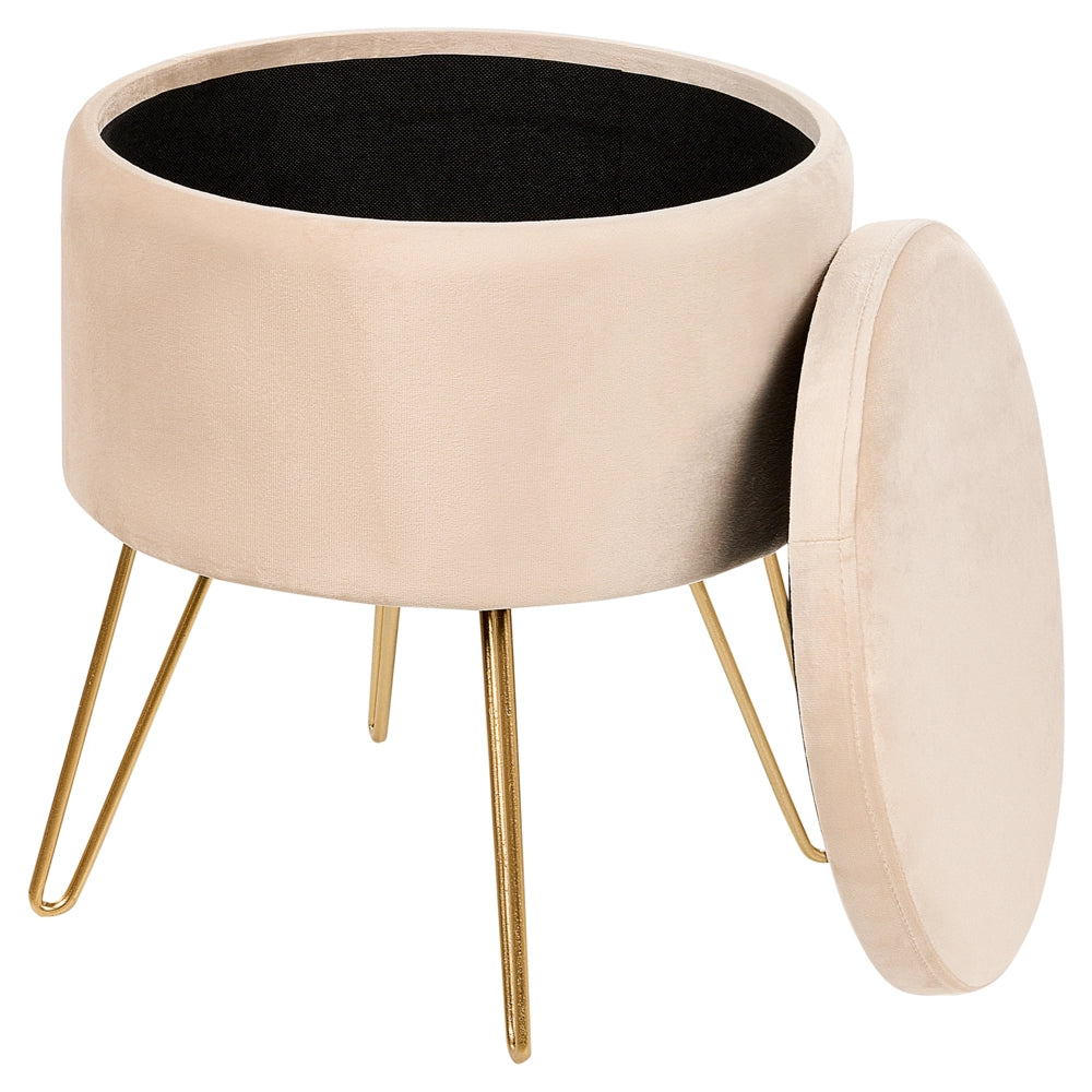 Pouf in velluto beige e gambe in metallo dorato stile glamour moderno accessori