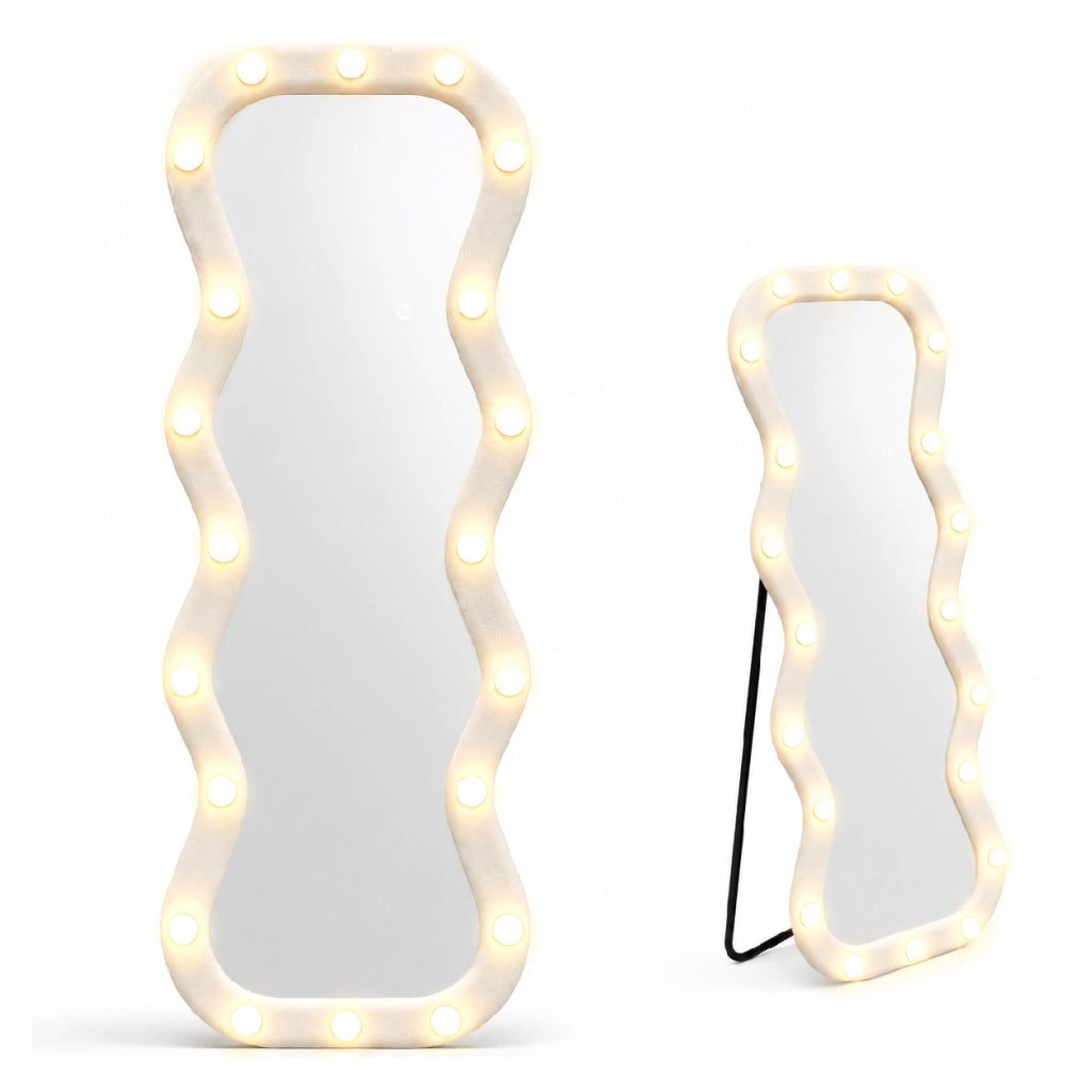 Specchio Grande Ondulato 60x160 cm con 20 Led, Cornice in Velluto Bianco Moderno Accensione Touch