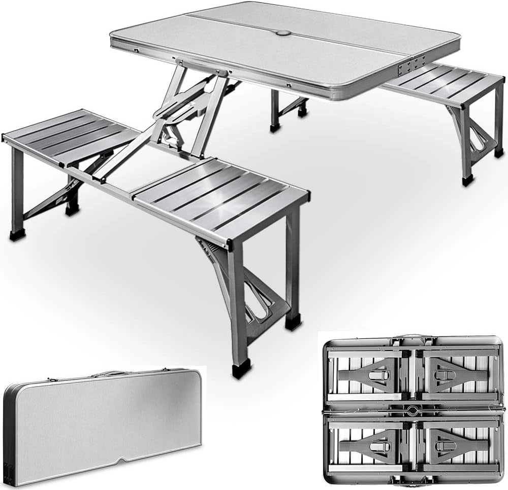 Casaria Tavolo Pieghevole con 2 Panche Set da Campeggio Picnic Portatile a Valigetta in Alluminio con Foro Ombrellone Maniglia per Trasporto 4 Posti Mare Spiaggia Giardino