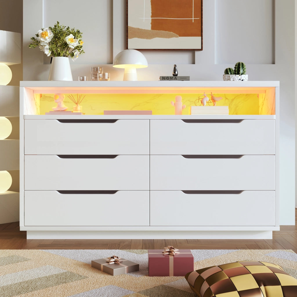 Credenza con 6 Cassetti e LED; Vano Aperto Effetto Marmo; Stile Moderno; in Pannello Truciolare e Metallo; 120??40??85 cm; Bianco