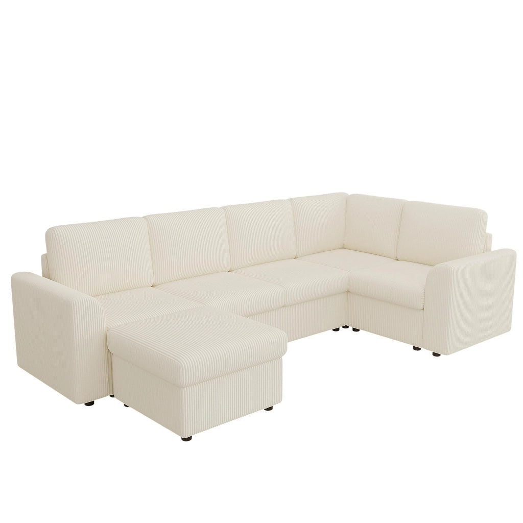 Divano Angolare con Poggiapiedi ¨C MINIMAL ¨C Velluto a Coste Beige, 282x85x153 cm