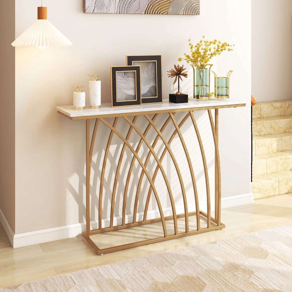 Tavolo consolle da 120cm con piano effetto marmo base geometrica, Tavolo da ingresso lungo e stretto Bianco-Consolle